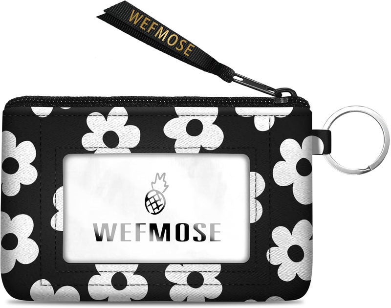 WEFMOSE Small Wallet Keychain with Clear ID Window Zipper Cute ID Case Coin Purse for Women Water Resistant Coin Pouch-Flower-Black Keychain Wallet - Image 1